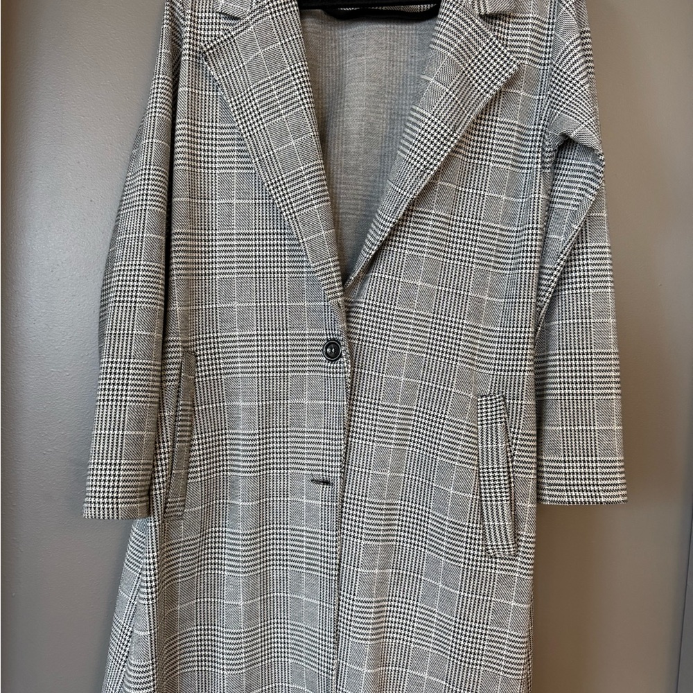 Womens Gray Plaid Long Coat - Classic Tailored Overcoat